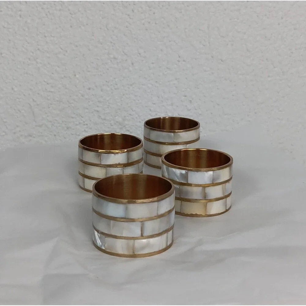 4 Mother of Pearl Napkin Ring Holders Brass Boho Seaside Table Setting
